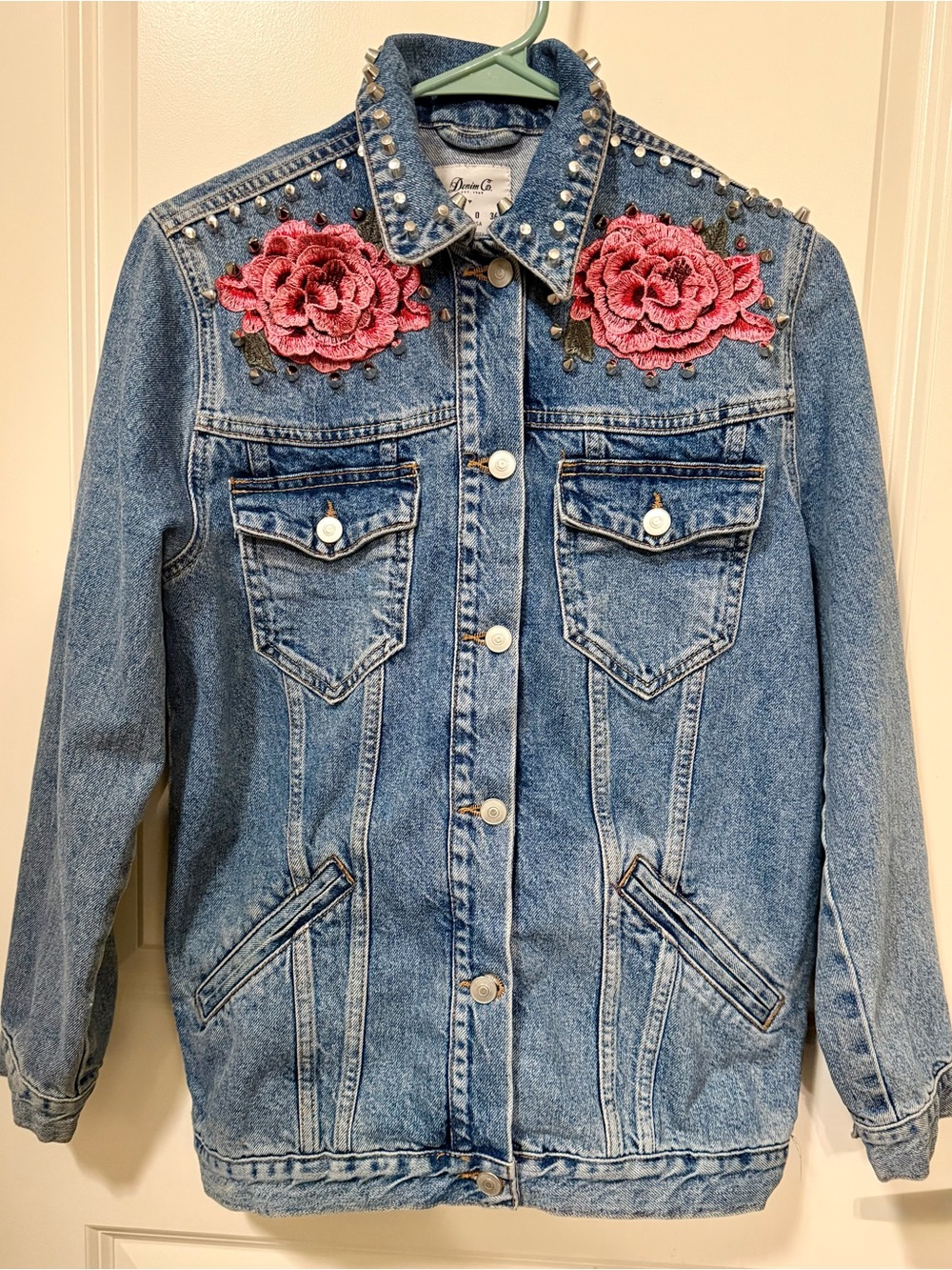 Vintage-Style Denim Jacket | Pink Rose Embroidery & Studded Details